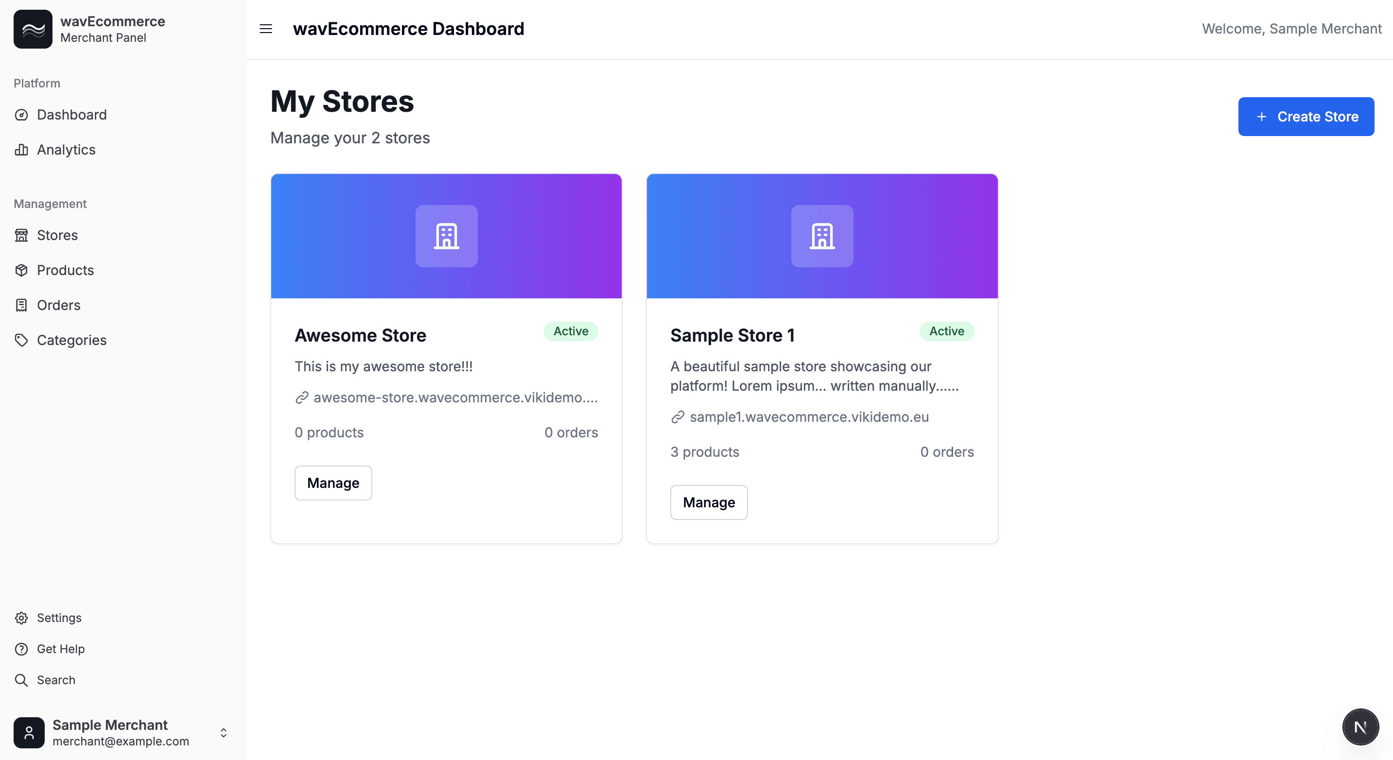 wavEcommerce stores management screenshot